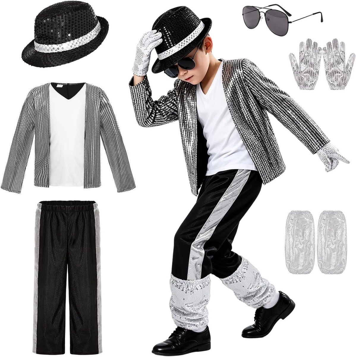 Pop Star-kostuum voor kinderen, 6-delige set, paillettenjas, muts, zonnebril, handschoenen, lange broek, beenwarmers, pop star kostuumset kinderen, voor Halloween podiumoptredens en