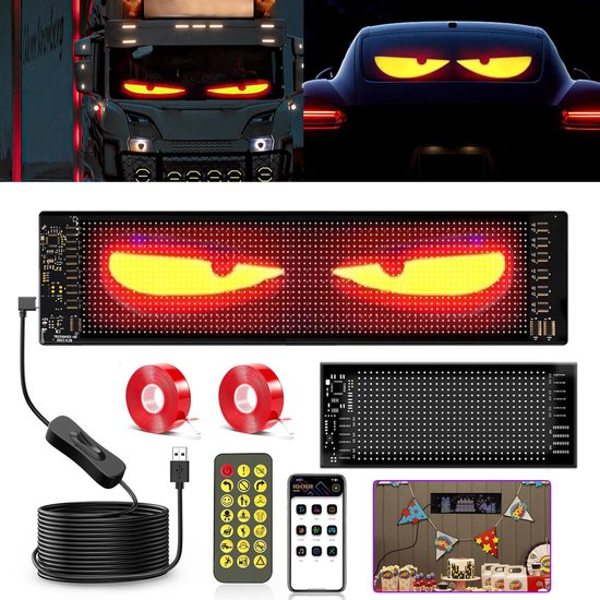 LED-schermen met 'Good lucky' en een skull-icoon. Accessoires: app, afstandsbediening, tape, USB-kabel, doos. Auto's met devil eyes.