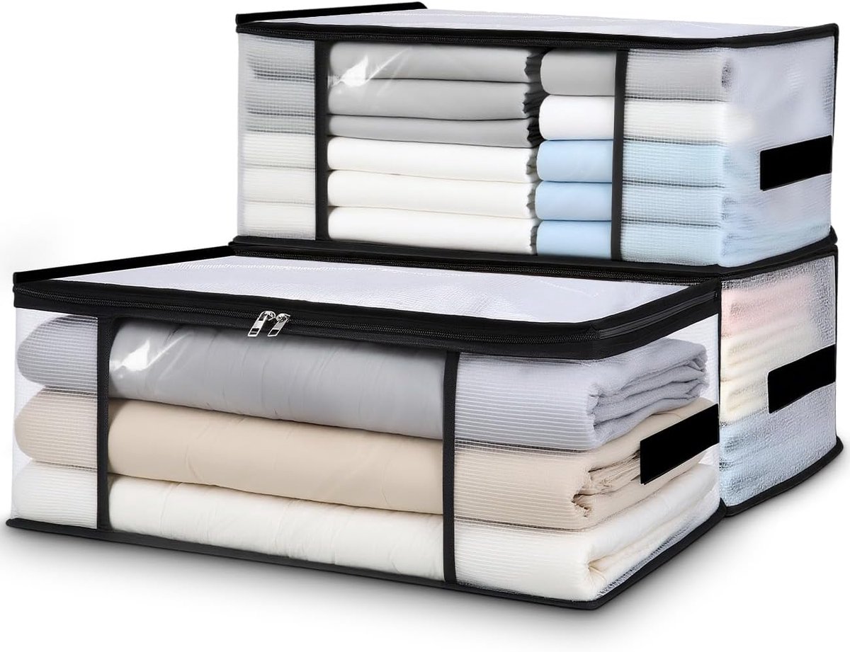 3 opbergdozen voor kleding, transparant, 35 l, opbergdozen voor kleding met handgrepen, organizerdozen, opbergdozen, vouwdozen voor kast of onder het bed, kledingtassen, dekens