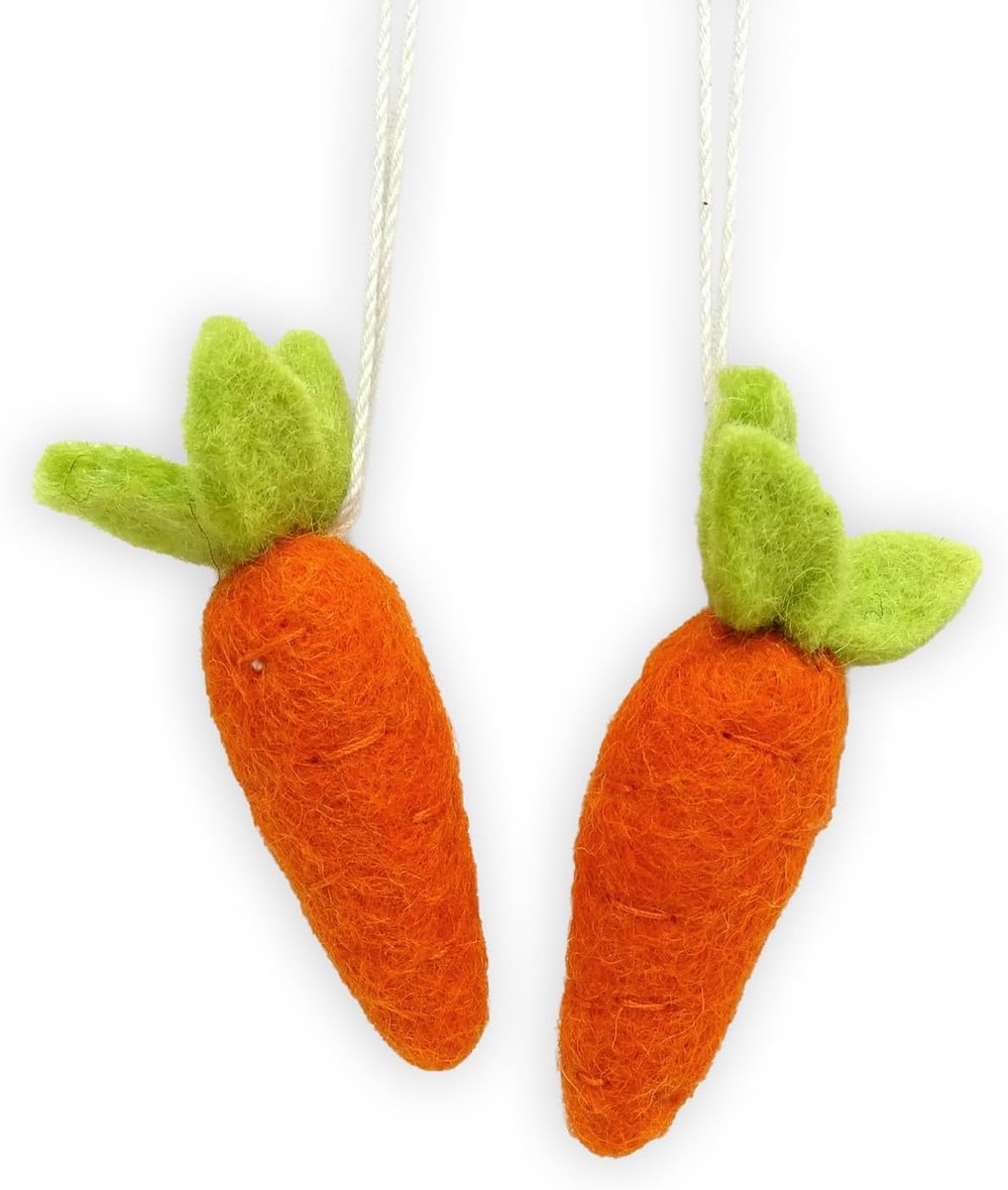 Set van 2 wortelhangers van vilt, handgemaakt in Nepal, paasdecoratie, lentedecoratie, kinderkamer, keukendecoratie, oranje, groen, wol, cadeauhanger, tuin