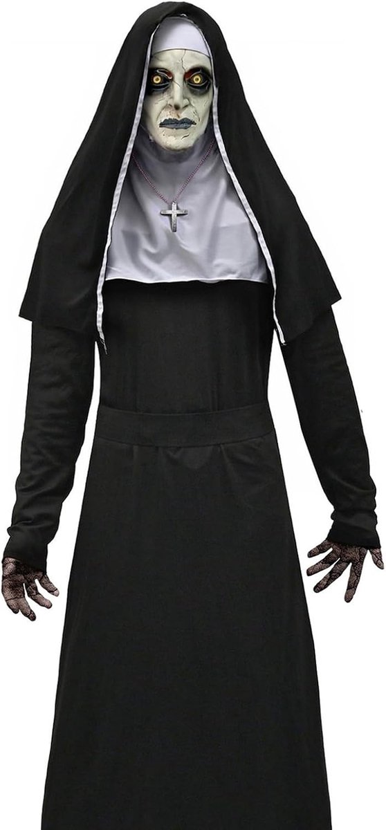 Nonnenkostuum voor Halloween, met horrormasker, nonnenset met masker, hoofddeksel, kruisketting voor Halloween, carnaval, cosplay