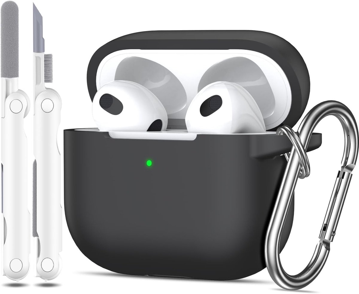 Hoesje voor Airpods 3e generatie 2021, zachte siliconen beschermhoes voor Apple Airpods 3 met zichtbare LED aan de voorkant met reinigingsset, Zwart