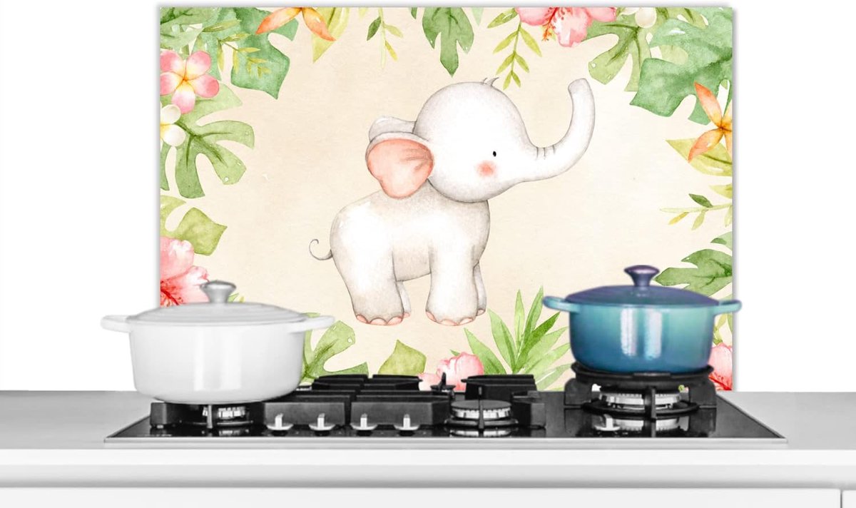 Spatscherm Keuken - 80x55 cm - Olifant - Bloemen - Planten - Jungle