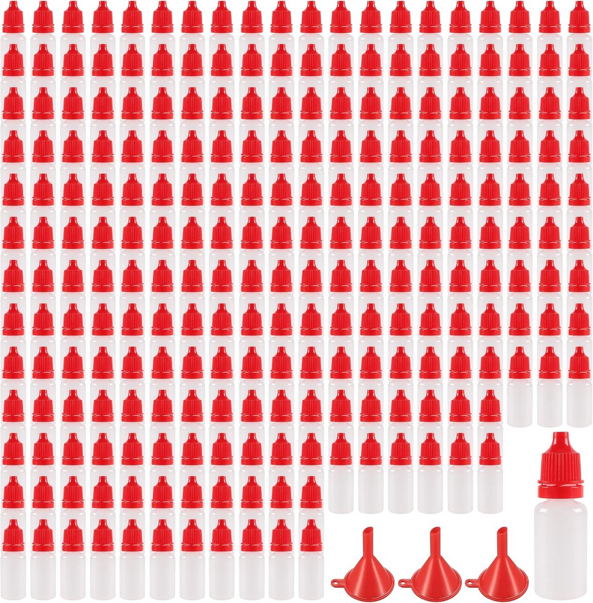 Druppelflessen van 10 ml, lege, transparante knijpbare pipetflessen met rood deksel, PP-kunststof, met trechter, voor make-up, reisbenodigdheden en etherische oliën