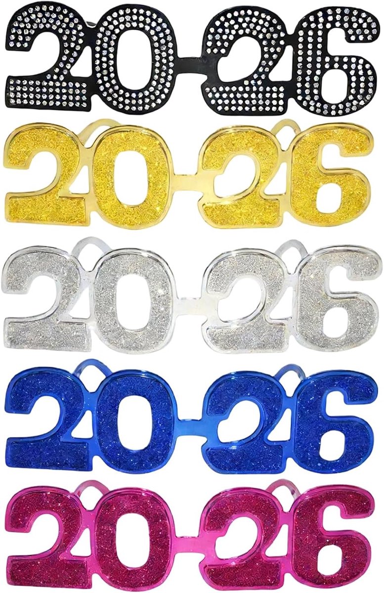 2026 Nieuwjaarsbril, 5 stuks, nieuwjaarsglazen 2026, 5 stuks, voor fotoaccessoires, mannen, vrouwen, familie, gasten, binnen, buiten, verjaardag, feest, afstudeerfeest
