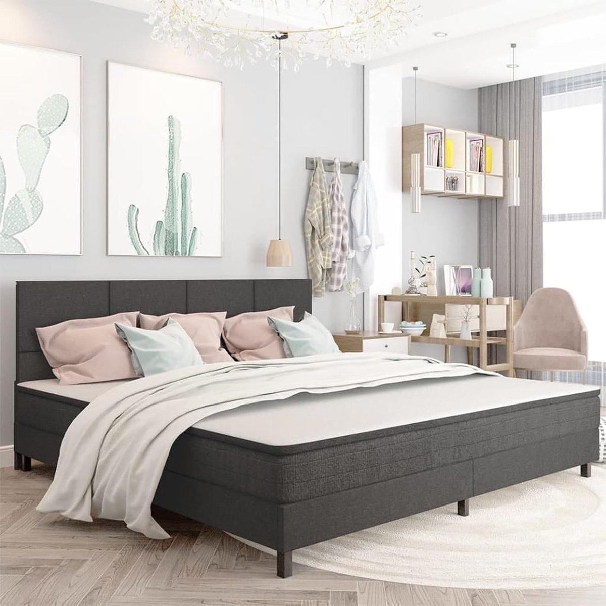 Gestoffeerd hoofdeinde van stof (100% polyester), MDF, bedhoofdeinde voor een bedframe van 200 x 200 cm, donkergrijs