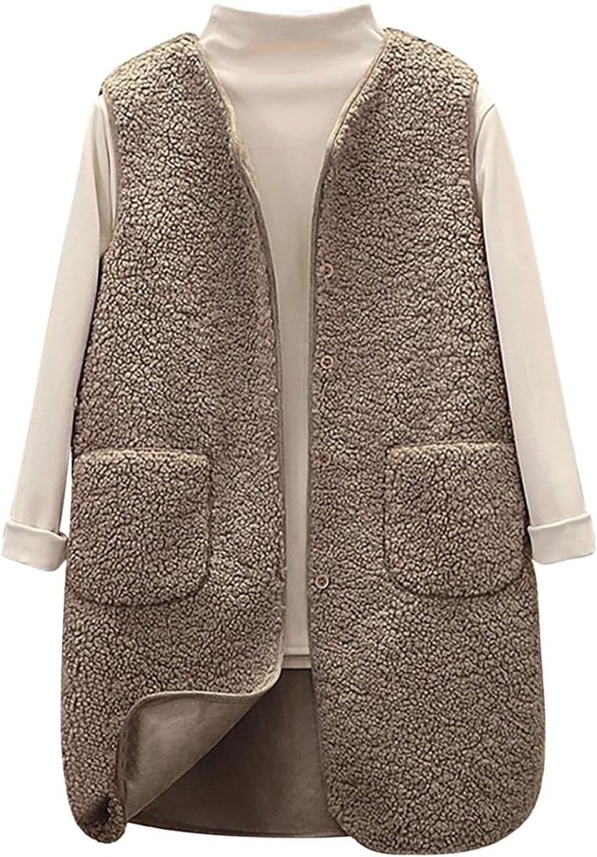 Damesvest, fleecejas, warm, effen, jas, herfst, winter, lange vesten, elegant, casual, outdoor, vesten, klassieke pasvorm, jas met zakken, mouwloos vest, losse V-hals