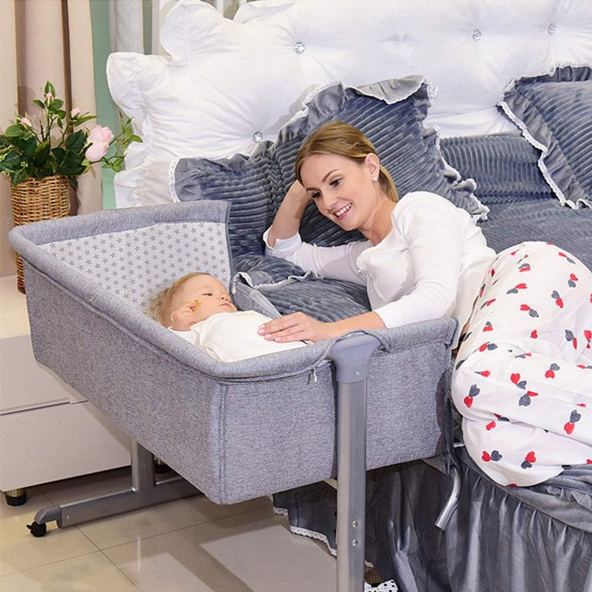 Wieg met matras en muggennet, 2-in-1, babybed, cododo voor baby's van 0 tot 36 maanden, opvouwbaar, 2-in-1 wieg mobiel bijzetbed (96 x 57 x 77 cm)