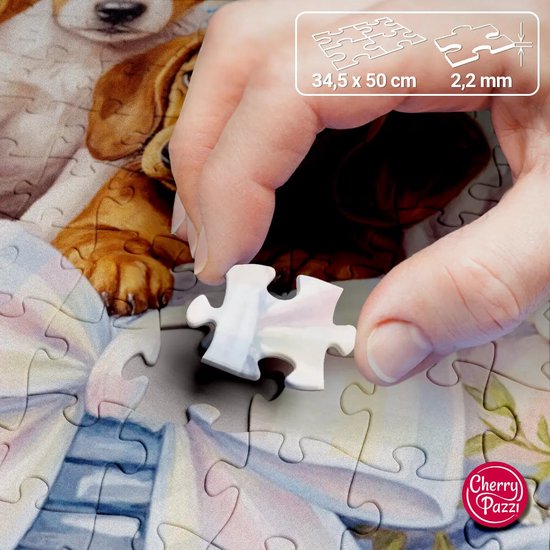 Een hand die een puzzelstukje met een deel van de puppy's met het 'CherryPazzi' logo vasthoudt.
