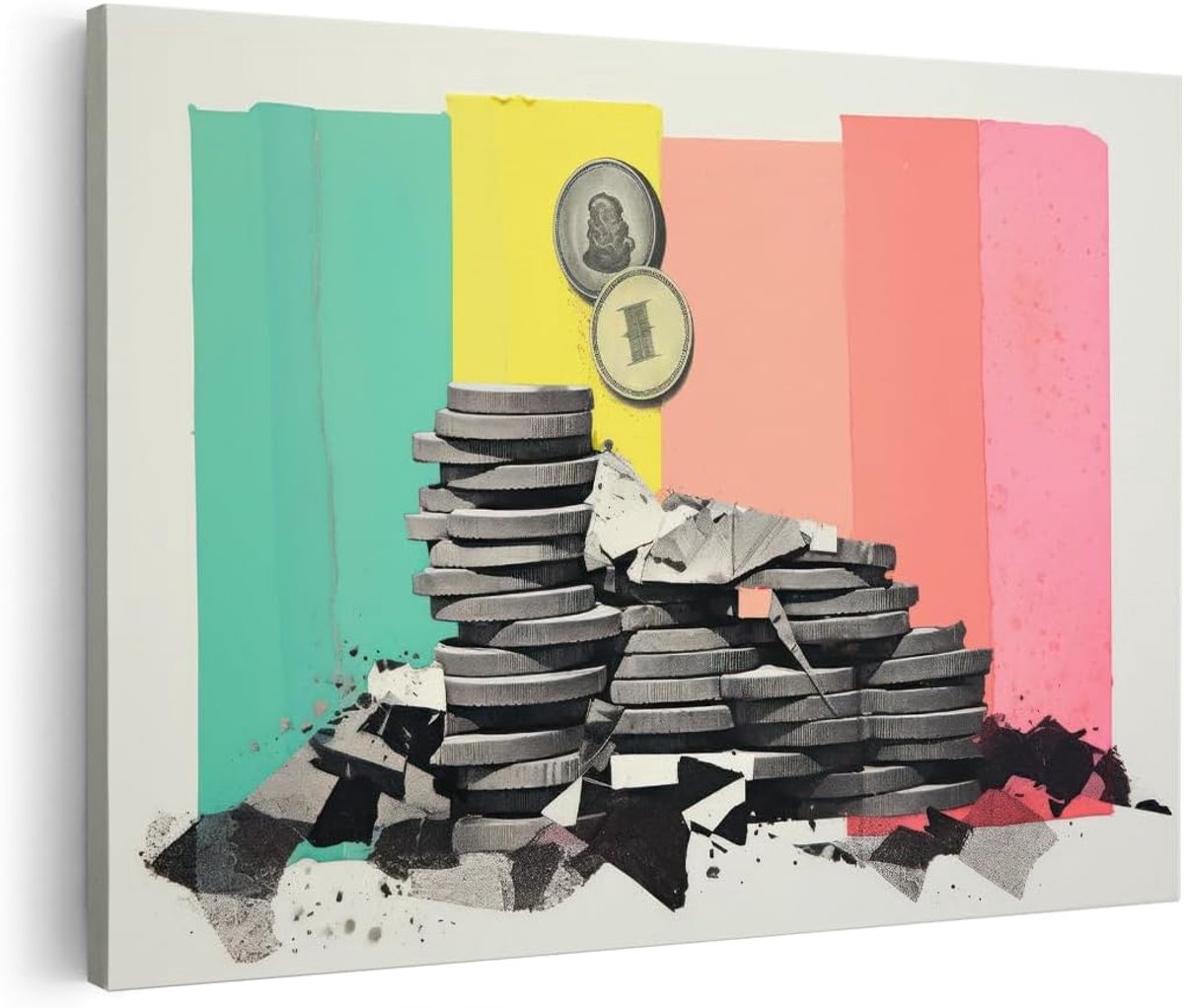 Canvas Schilderij Abstract Geld - 60x40 cm - Wanddecoratie Munten Collage - Muurdecoratie Modern - Decoratie Pop Art Woonkamer