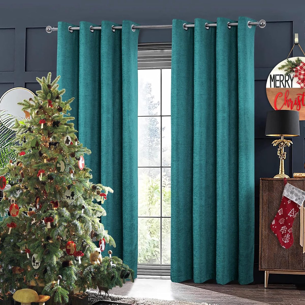 always4u Gordijn met inslagringen, chenille, verduisteringsgordijnen, modern, voor woonkamer, slaapkamer, elegante raamgordijnen, koudebescherming, 260 x 140 cm, donkergroen, set van 2