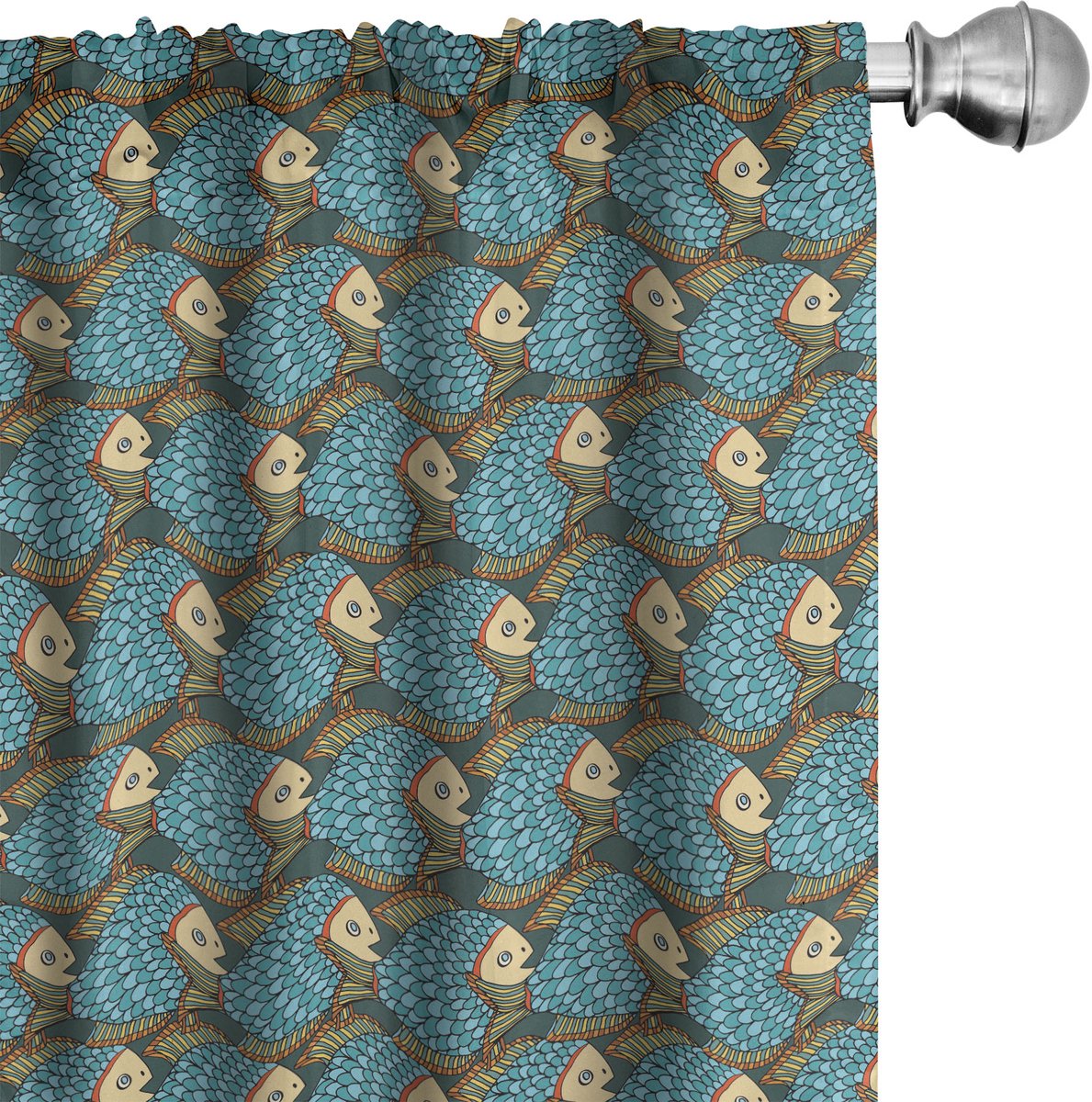 ABAKUHAUS Aziatisch Raamgordijnen, Etnische japanischen Vis-Patroon, Lichtgewicht decoratieve 2-delige set met roedezak, 2 stuks 75 cm B x 225 cm L, Donkere Turkoois Meerkleurig