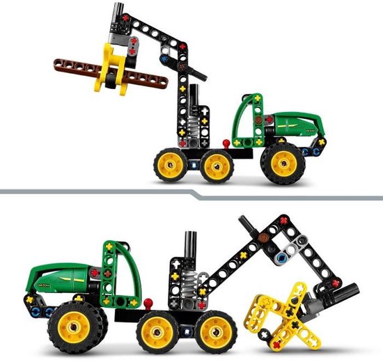 Twee LEGO Technic John Deere 1470H houtoogstmachines, één met een bruine stam in de grijper, de ander met een gestrekte gele grijper.