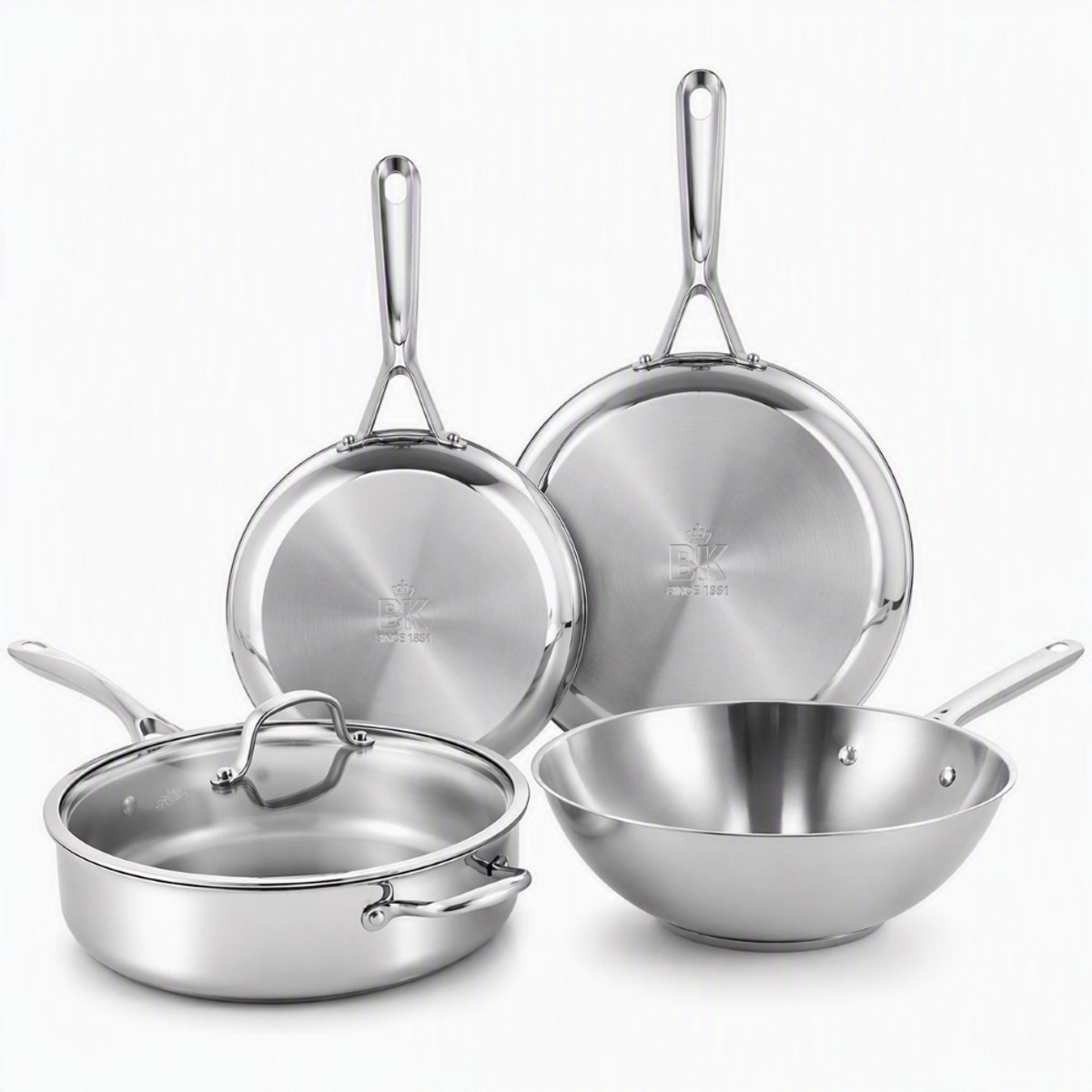 BK Sparkling Uncoated Pannenset 4-delig - Koekenpannen 24 cm + 28 cm + Wokpan 28 cm/4,2L + Hapjespan met deksel 28 cm/3,6L - Zonder antikleeflaag - Pannenset inductie - RVS pan - Ovenbestendig tot 230°C - RVS handgrepen - Zilver