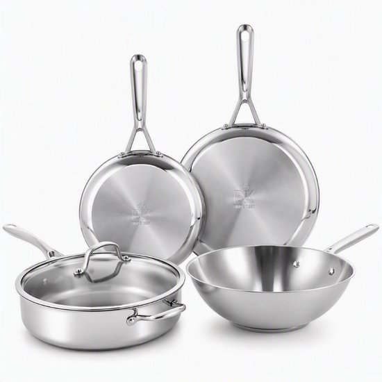 BK Sparkling Uncoated Pannenset 4-delig - Koekenpannen 24 cm + 28 cm + Wokpan 28 cm/4,2L + Hapjespan met deksel 28 cm/3,6L - Zonder antikleeflaag - Pannenset inductie - RVS pan - Ovenbestendig tot 230°C - RVS handgrepen - Zilver