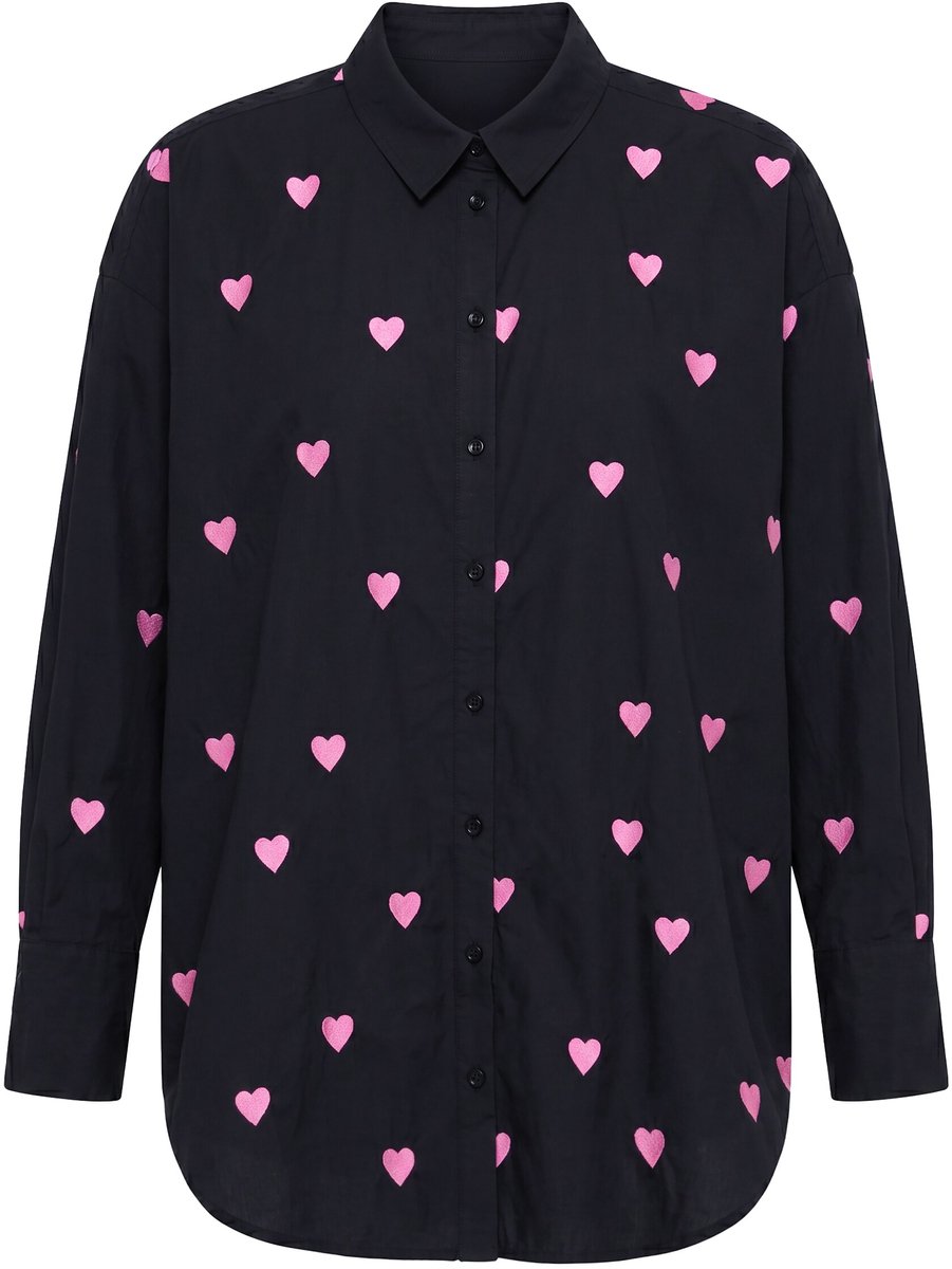 Studio Untold - Dames - Overhemdblouse oversized Heart-borduursel overhemdkraag - Zwart - Maat 50+