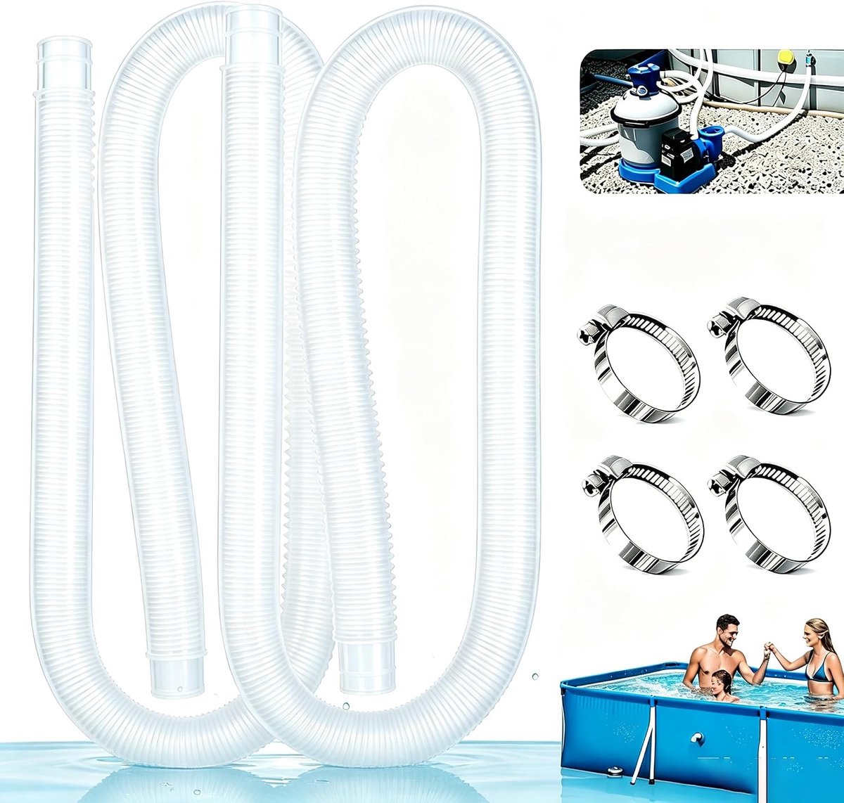 Zwembadslang 32 mm, reserveslang voor zwembad, 100 cm, reserveslang met 4 metalen klemmen voor filterpompen, aquaria, 330 GPH, 530 GPH, 1000 GPH