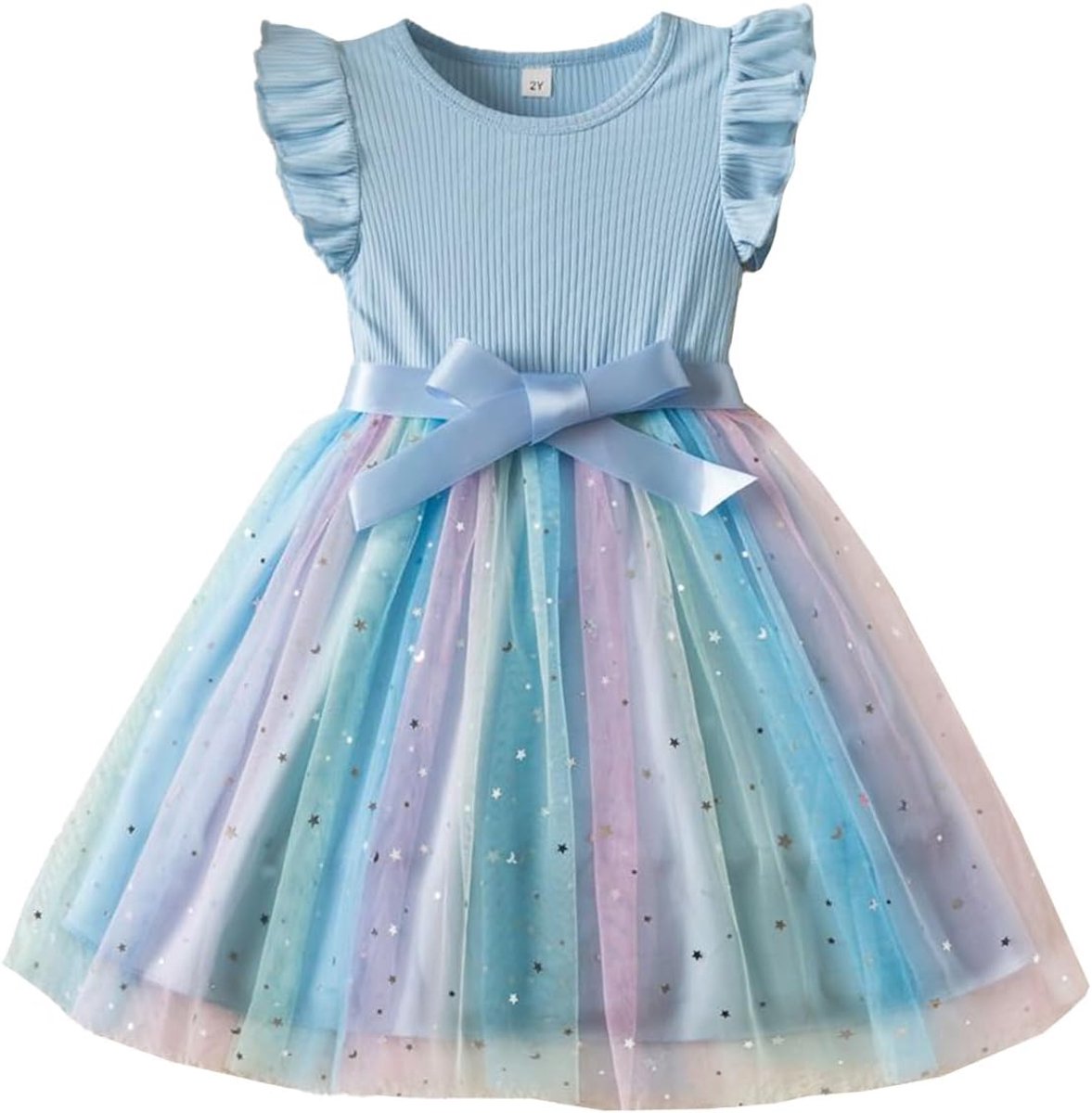 Tule-jurk voor peuters, meisjes, met ruches, mouwloos, bloemenborduurwerk, sterrenhemel, kleurverloop, babymeisjes, kleding