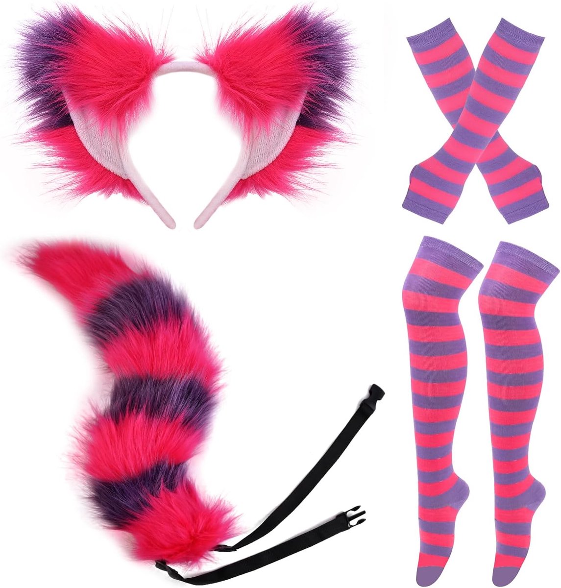 Kattenkostuumset voor Halloween verkleedpartij, kattenoren en staart cosplay kostuums voor vrouwen, roze-paars gestreepte handschoenen en hoge sokken, Roze en Paars, average size