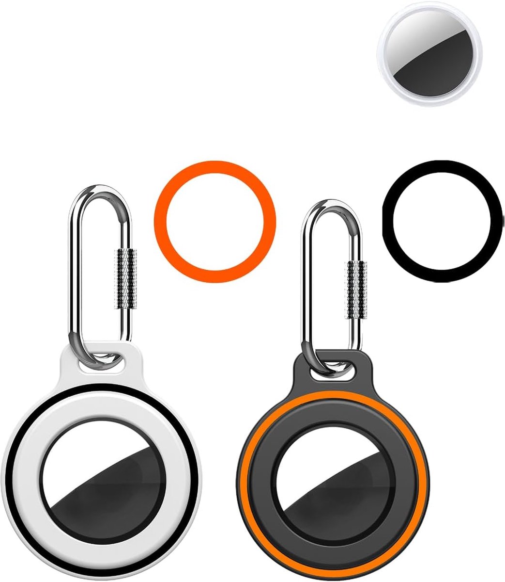 2 stuks siliconen hoes voor de AirTag (2e generatie), anti-verlies-tracker, daunke volledige bescherming (geschikt voor oudere huisdieren, sleutels), krasbestendig, zwart/wit met oranje ring