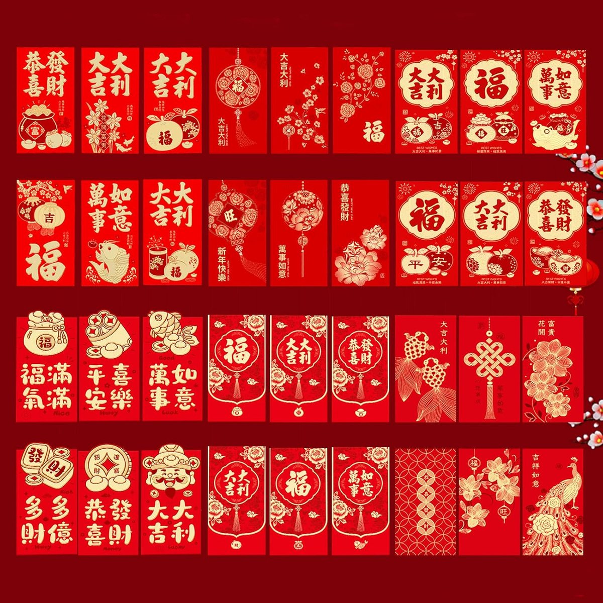Rode enveloppen, 36 stuks nieuwjaarsenveloppen 2026, 9 x 17 cm geluksgeld enveloppen, lai meer pakketten, geluksportemonnee met Chinese zegeningen voor Nieuwjaar, verjaardag, Kerstmis