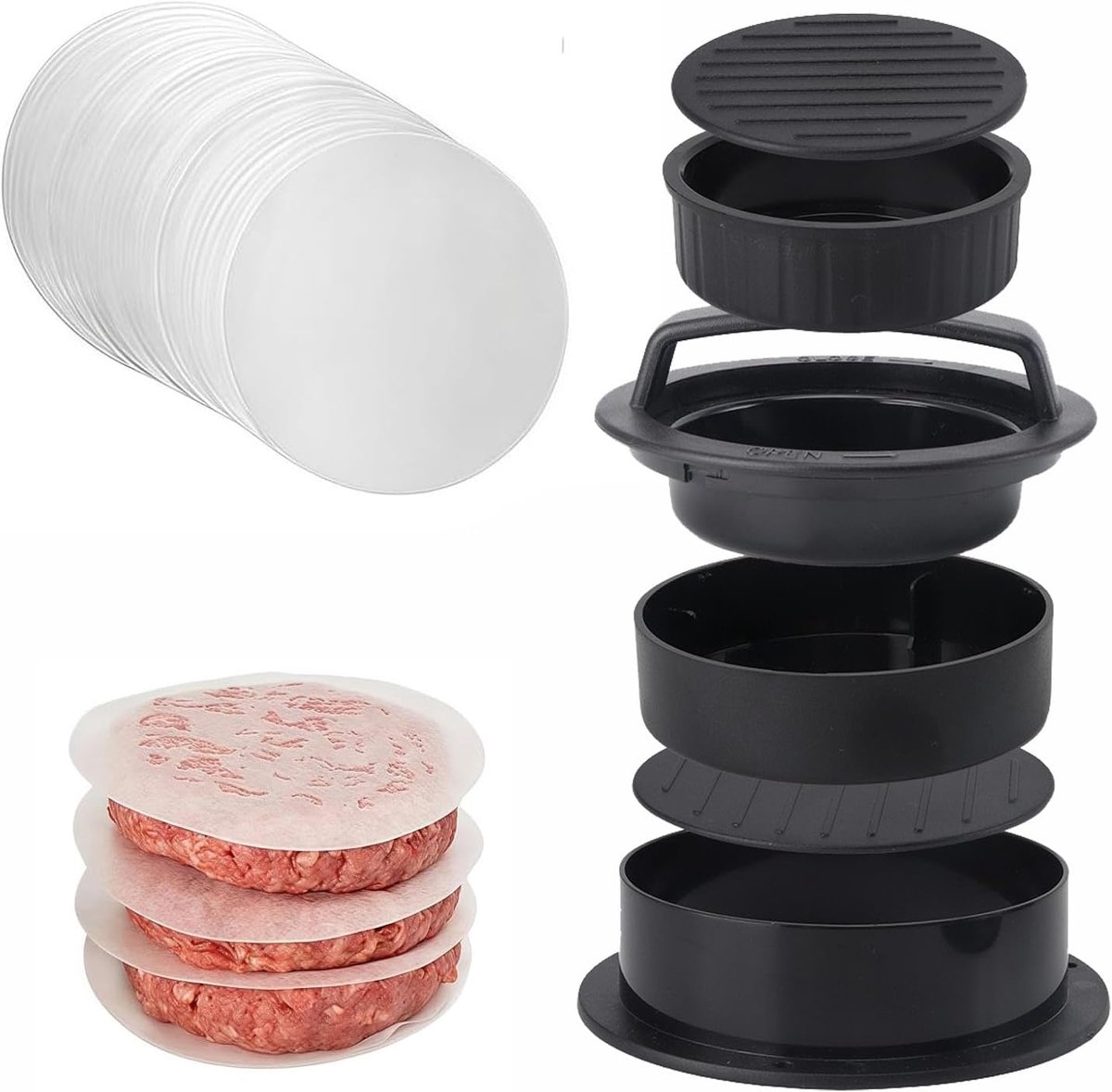 3-in-1 hamburgerpers met 100 vellen hamburgerpapier, hamburgerpers, pattie pers voor hamburgers, grill, patties, gehaktballen, lekkernijen