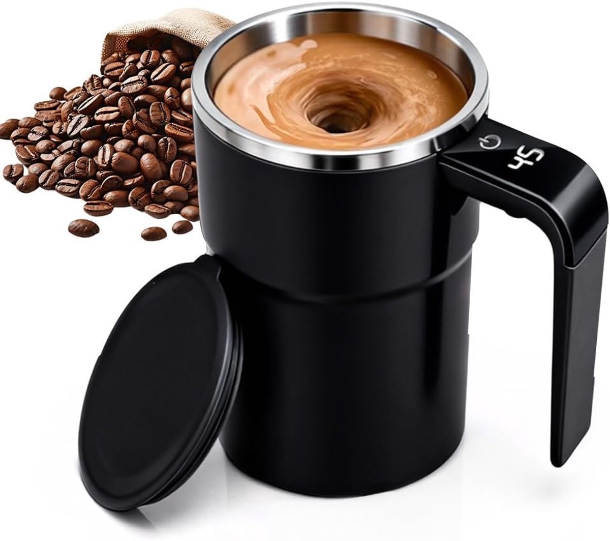 Mok, zelfroerende beker met temperatuurweergave, 304 roestvrij staal, magnetische elektrische shaker met handvat voor warme chocolade, koffie, melk (zwart, 380 ml)