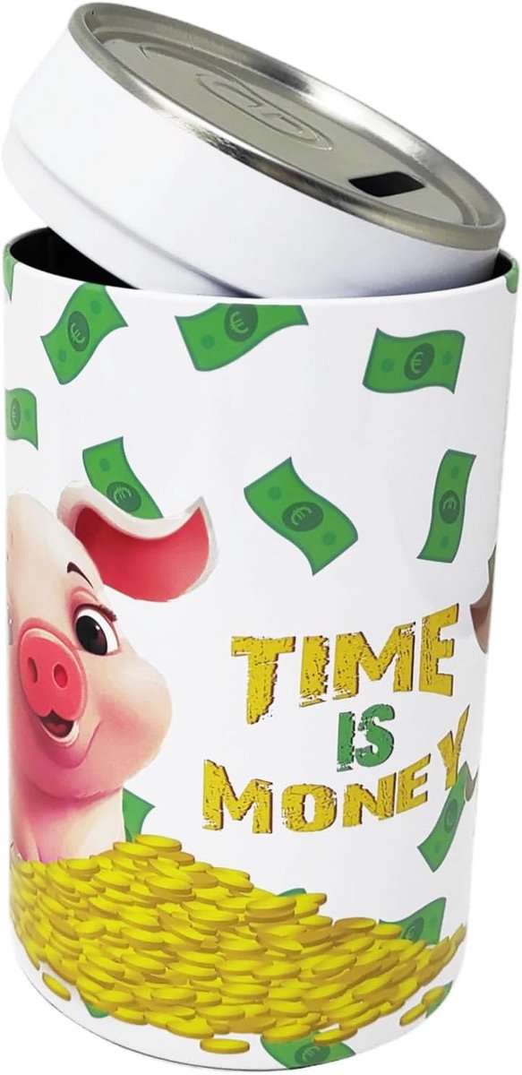 Spaarpot wit varken "Time Is Money" van metaal, om te openen, 16 x 8 cm
