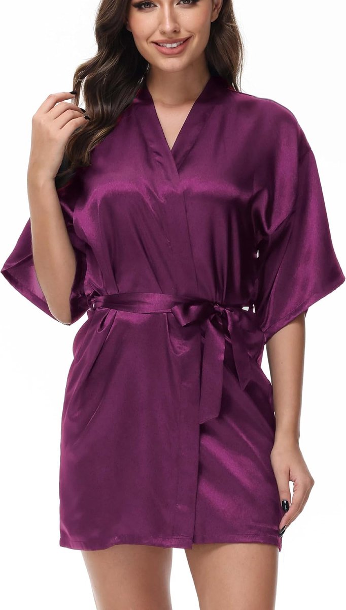 Kimono Sexy Dames,Ochtendjas Kimono-Gewaad Schuine V-Hals Korte Stijl Zomer Badjas Dames met Riem Nachtjas voor Bruiloft/Spa/Hotel