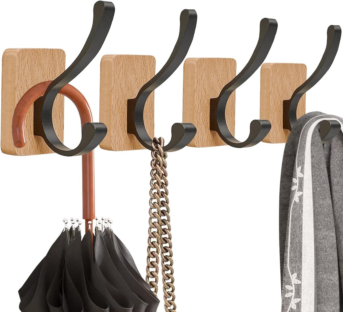 Kapstokhaken - 4 stuks beukenhouten wandhaken roestvrije kapstok wandgemonteerde zelfklevende haken voor muur, handdoekhaken voor het ophangen van jassen, hoeden, tassen met twee