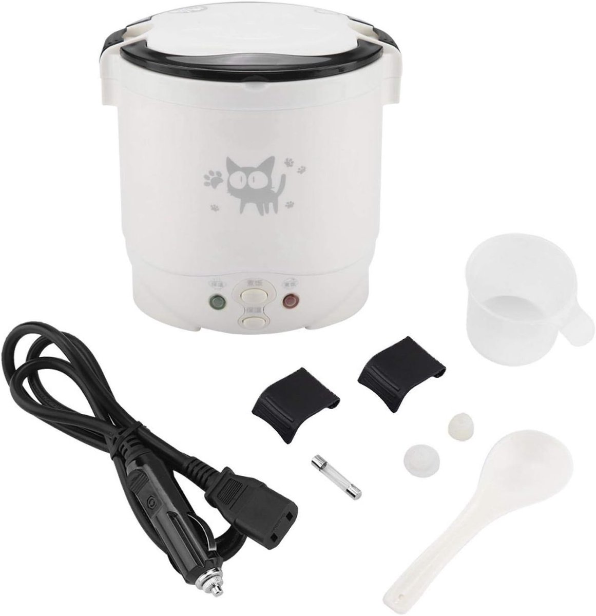 Mini rijstkoker, elektrische broodtrommel, draagbare reistkoker voor auto, multifunctionele elektrische stoompan, warmhoudfunctie, one-touch-bediening, camping, hoofdauto, 12 V, 1 l, wit