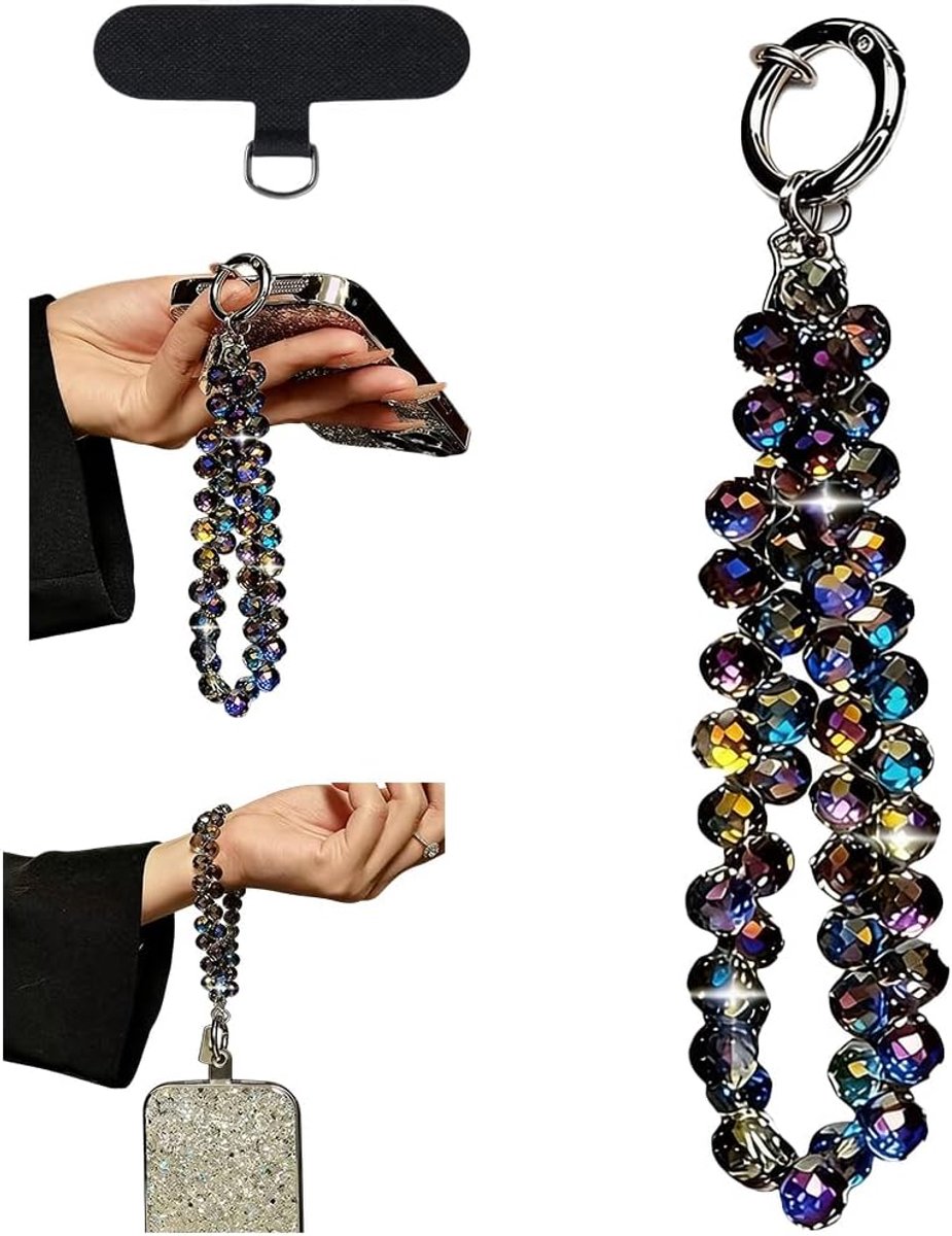 Telefoonketting, korte armband, parelarmband met glanzende kristallen band en telefoonkoord voor de pols (glanzend kristal)