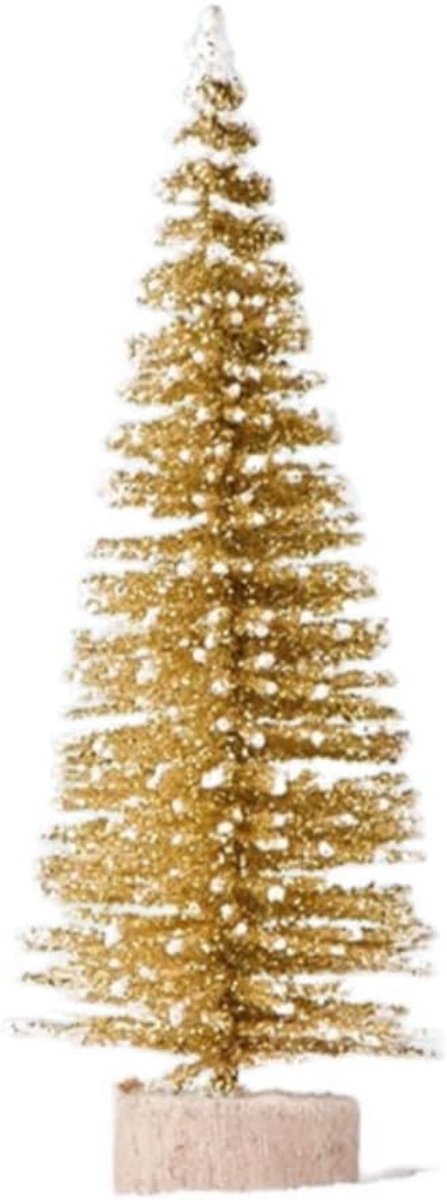 5 stuks kunstkerstboom, kerstdecoratie, mini-dennenboom met houten sokkel, miniatuur kerstboom, dennenfiguren, kerstversiering om te knutselen, voor tafeldecoratie, tafel, kantoor, goud, 7 cm