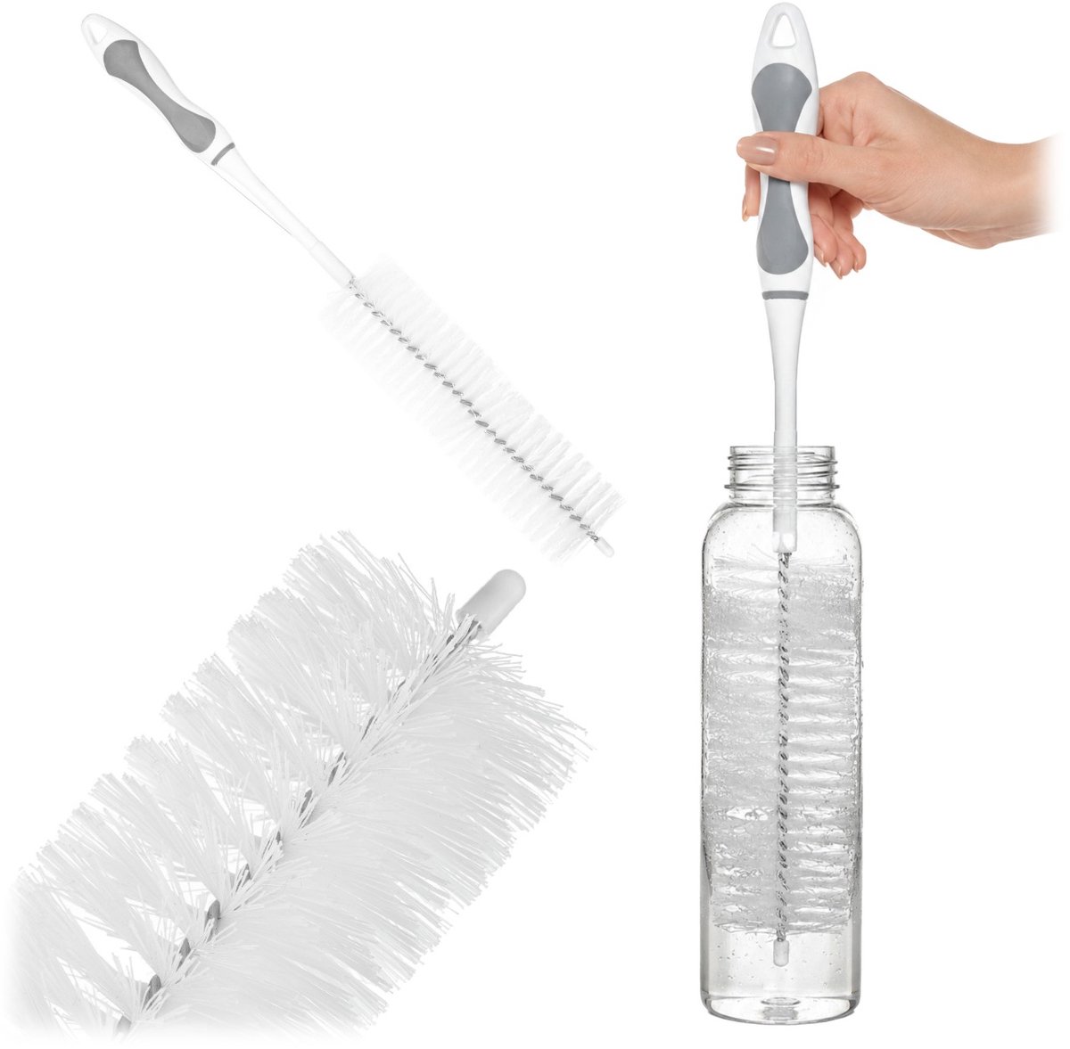 KADAX flessenborstel 45 cm, reinigingsborstel voor flessen en inmaakpotten, glazenborstel, glazenborstel met een borstelkop van 21 cm voor het grondig reinigen van diepe drinkflessen, flessenreiniging