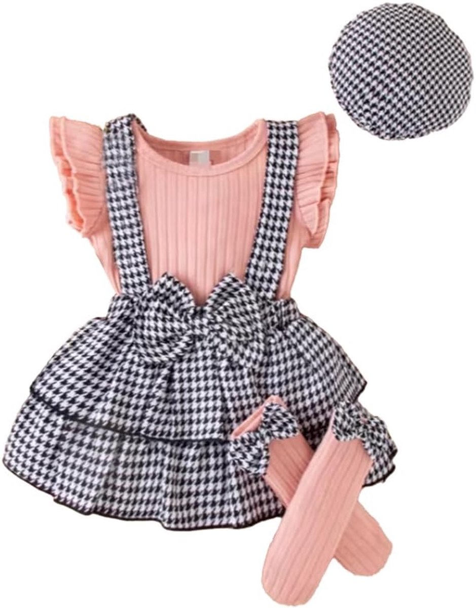 Babykleding voor meisjes, geruit, mouwloos, geribbeld, bovendeel, rok met muts, sok, babyoutfit