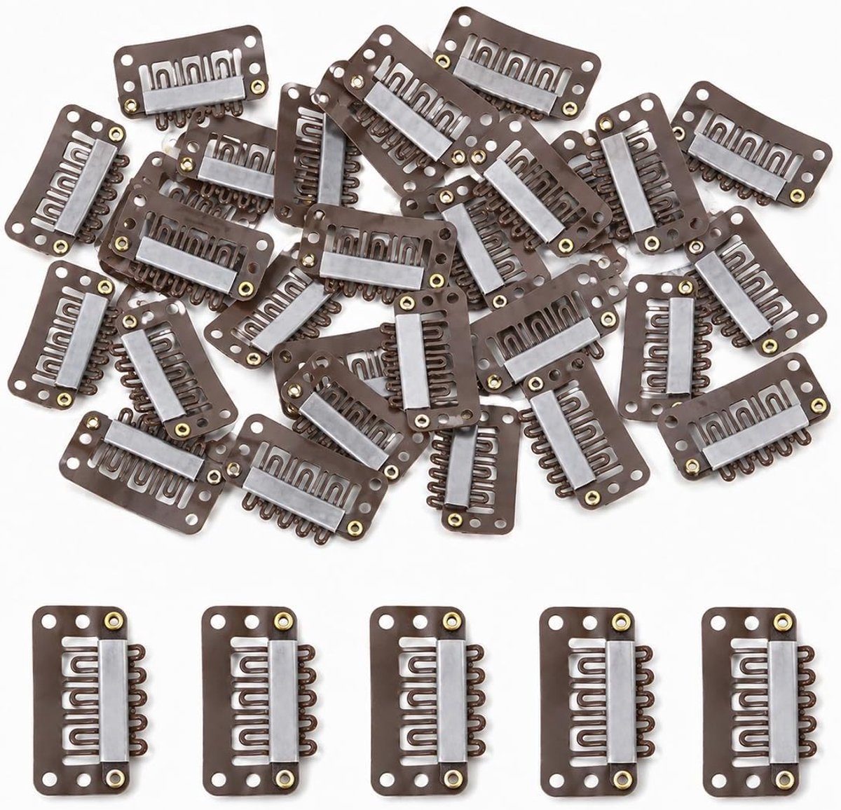 40 stuks haarextensies, bruin, metalen U-vormige clips met siliconen kussen, ideaal voor het bevestigen van pruiken, extensions en volume, 6 tanden