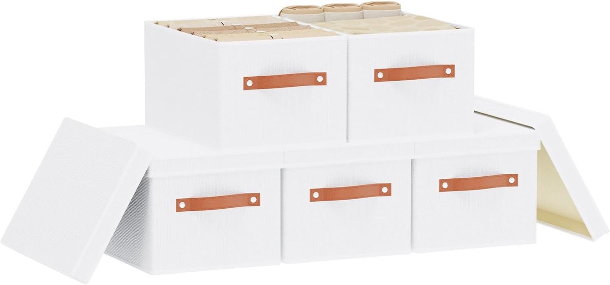 Opbergdozen met deksels, plankbakken met handgrepen, opvouwbare kubus organizer mand voor organisatie, linnengoed kleding, planken organizer, wit, 5-pack, 33×23×18 cm