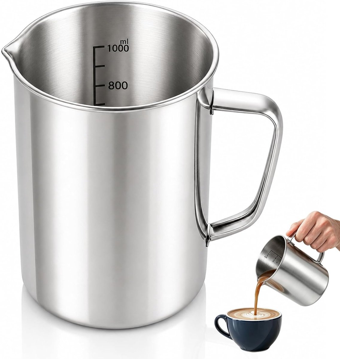 Maatbeker van roestvrij staal, 1 l, maatbeker van metaal met handvat en schaal (ml), lekvrije schenktuit, nauwkeurige schaal (1000 ml)