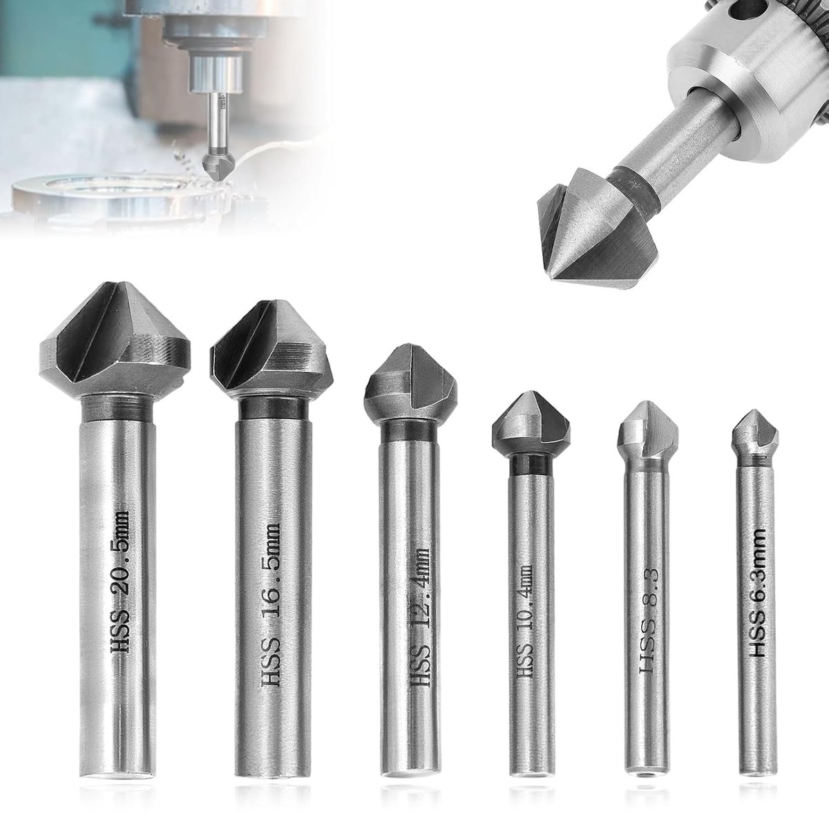 6 stuks verzonken 90°, HSS ontbramer, metaalboor, verzinkboor, boorset, metalen kegelverzinker, boorhulp, verticaal, timmergereedschap, 6,3-20,5 mm