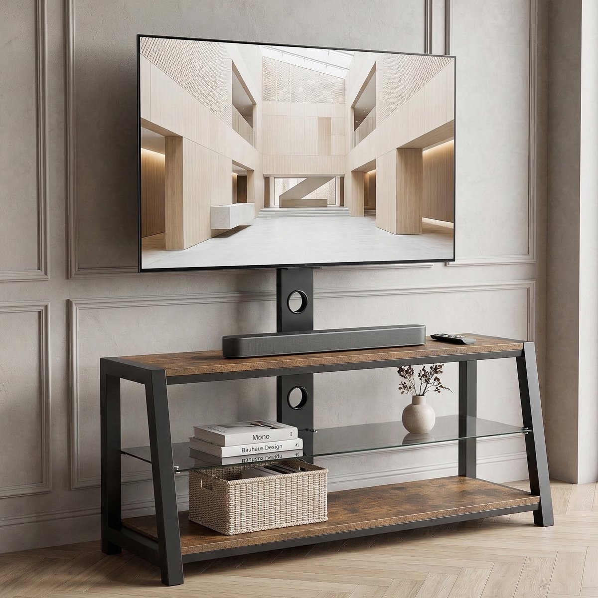 TV-standaard Bruin H125cm - In hoogte verstelbaar en 30° draaibaar - Voor 32-65 inch tv's - 3-laags design met zwart gehard glas en kabelmanagement
