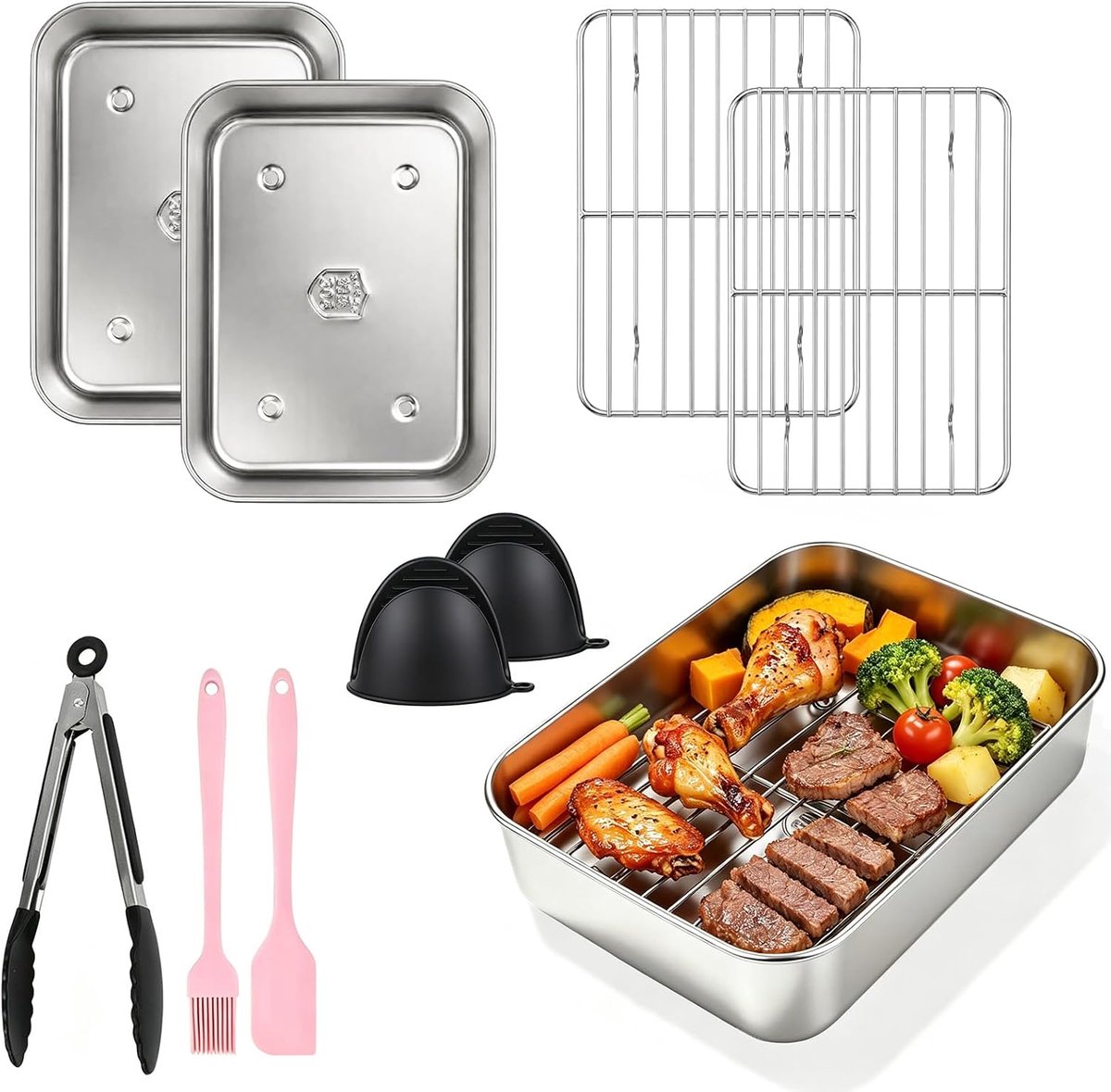 accessoireset, ovenschaal van roestvrij staal 304, compatibel met Ninja AF400EU/AF451EU/AF500EU/DZ400EU, met bakvorm, opzetstukken, rooster, vaatwasmachinebestendig, herbruikbaar