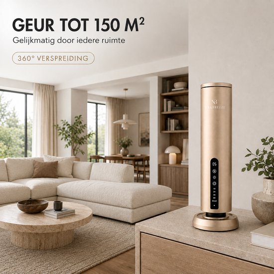 Gouden Nira Breeze diffuser in een modern ingerichte woonkamer, met vermelding van 150 m² geurbereik.