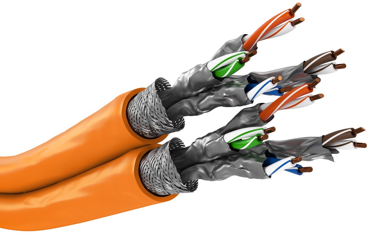 Goobay CAT 7A duplex netwerkkabel, S/FTP, oranje, Koperen geleider, AWG 23/1 (solid), halogeenvrije kabelmantel (LSZH)