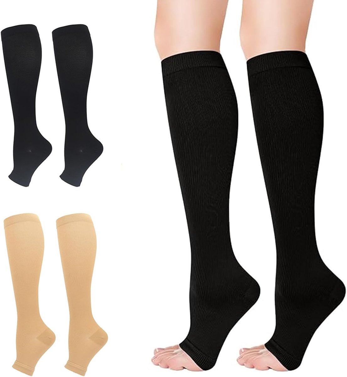 Dames 2 paar – Steun kousen zwart beige – Maat M/L – Ondersteuning bij reizen, werk, sport en herstel – Ademend en comfortabel ontwerp