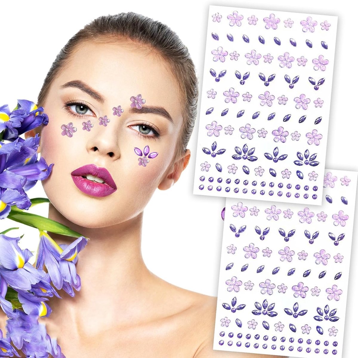 Gezicht, 2 stuks strass-steentjes, bloemen, glittersteentjes, zelfklevend, strasssteentjes, tijdelijke tatoeages voor Halloween, carnaval, muziekfestival, feestkostuum (paars)