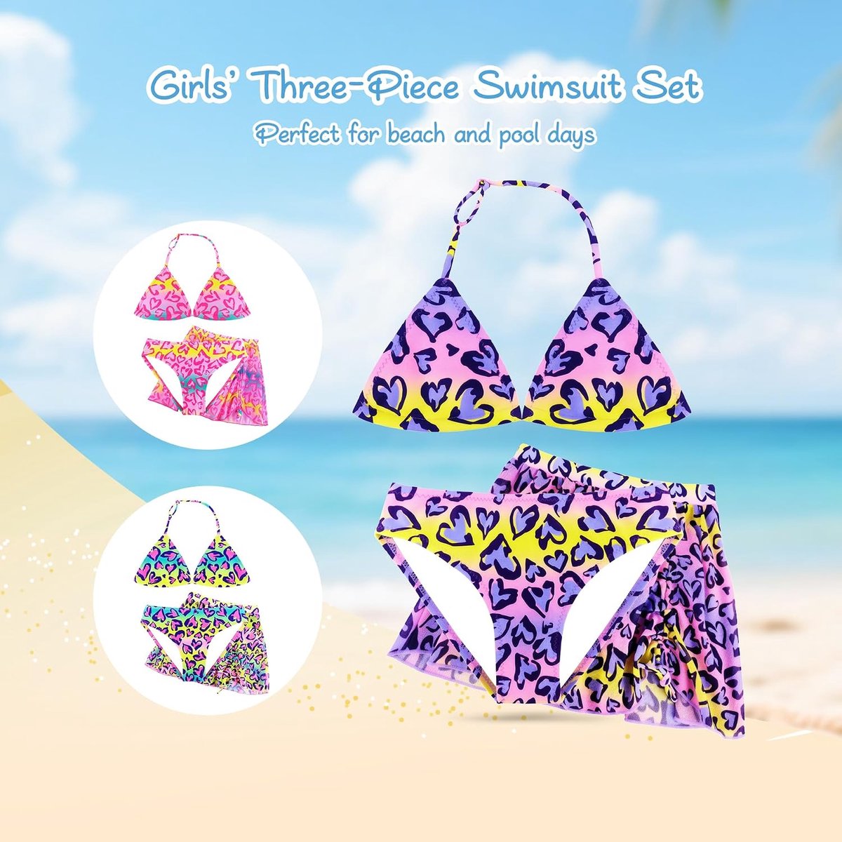 3-delige Bikini Set met Sarong Rok, Tweedelige Badkleding met Verstelbare Bandjes, Strand- en Zwemkleding voor Meisjes 4–12 Jaar