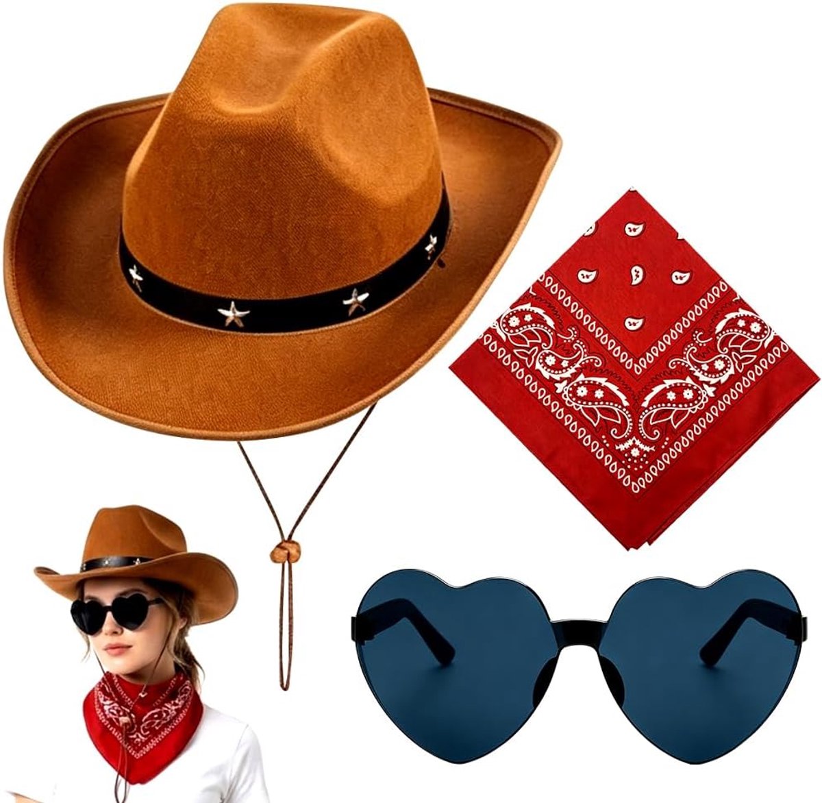 Cowboykostuum Accessoires Hoed Bandana's Zonnebrillen Westernkledingaccessoires Cowboyhoeden Cowboykostuum Accessoires Sets Cowgirlhoeden Volwassen voor Halloween Carnaval(Bruin)