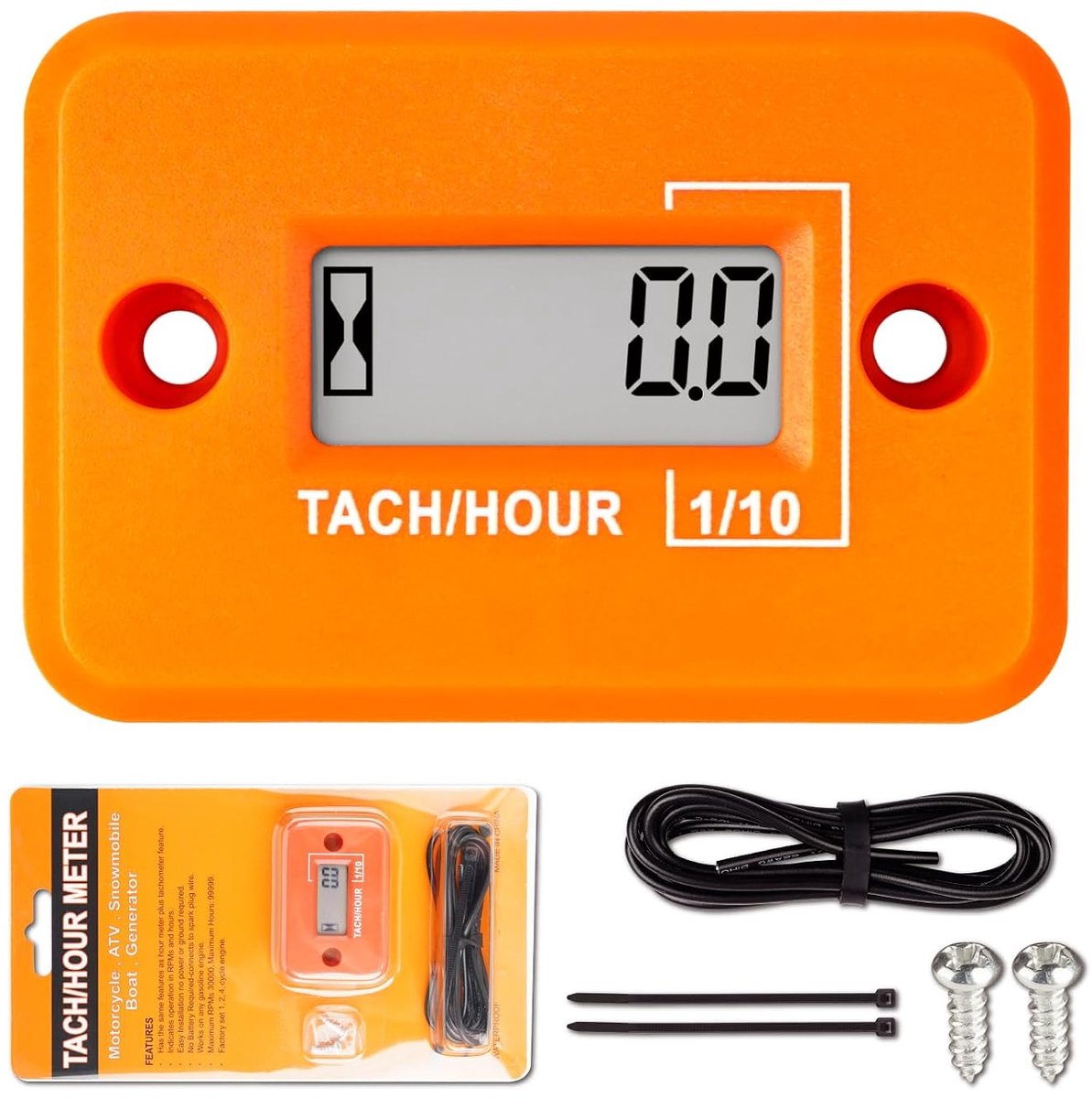 Snelheidsmeter, digitaal lcd-display, inductieve snelheidsmeter, geen batterij, krachtige tijdtoerentalmeting, waterdicht ontwerp voor gasmotor, grasmaaier, motorfiets (2 hub) (oranje)