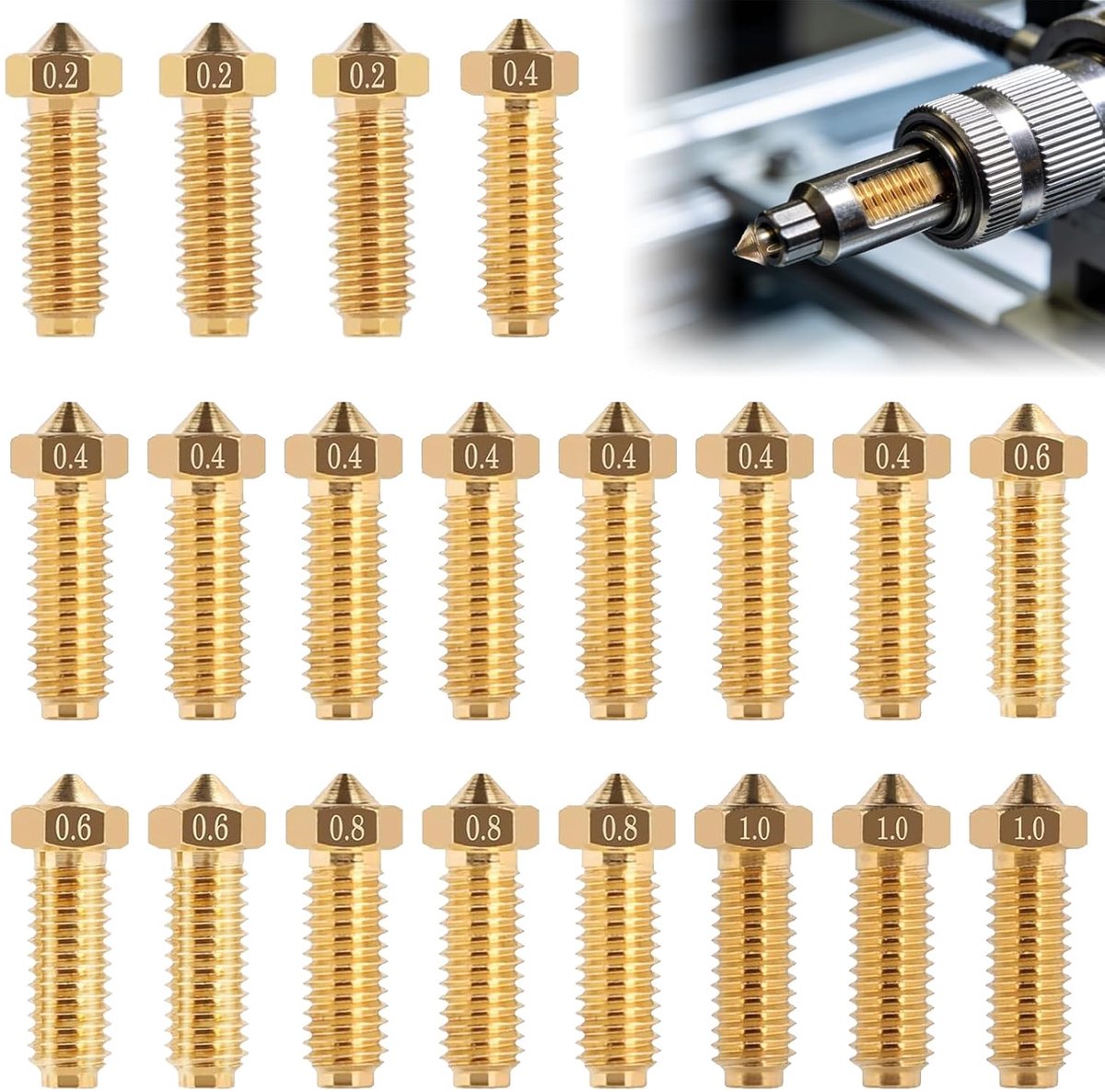 20 stuks messing spuitmonden voor Kobra 3/Kobra S1, 3D-printer vervangende sproeierset, 8 stuks 0,4 mm en 3 stuks 0,2 mm/0,6 mm/0,8 mm/1,0 mm, voor Anycubic Kobra 3, Kobra 3 Combo, Kobra S1