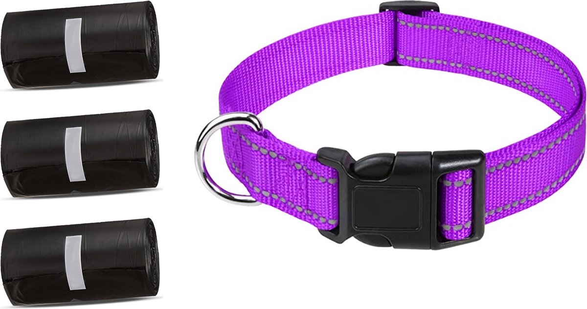 Professor Q Wandelset Hond - Halsband Paars S 30-40 cm - 45 Poepzakjes